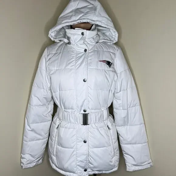 NFL New England Patriots Puffer Jacket Womens Medium Belted Hooded Fleece Parka - Picture 3 of 15